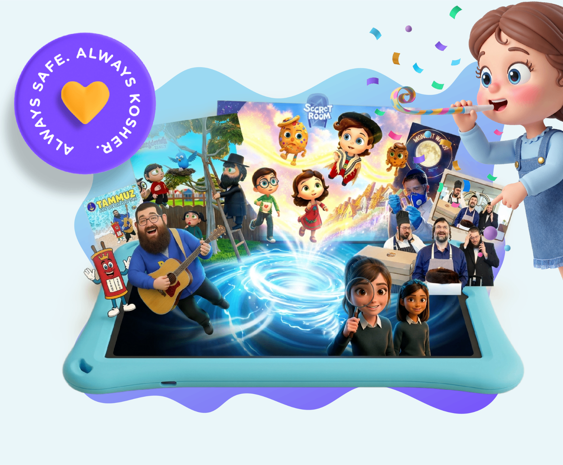 Kids tablet bursting with Toveedo characters, always safe, always kosher