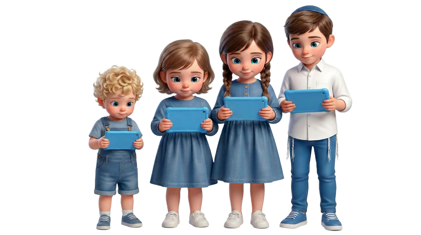 Four Jewish kids of different ages holding Toveedo tablets
